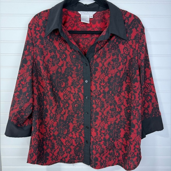 Fred David red and black lace printed button down shirt. Size 1X - Picture 1 of 5